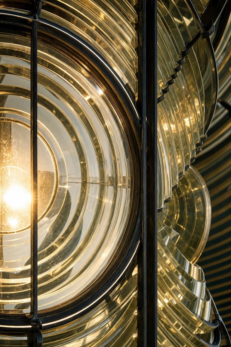 Close-up of a lighthouse Fresnel lens catching warm light