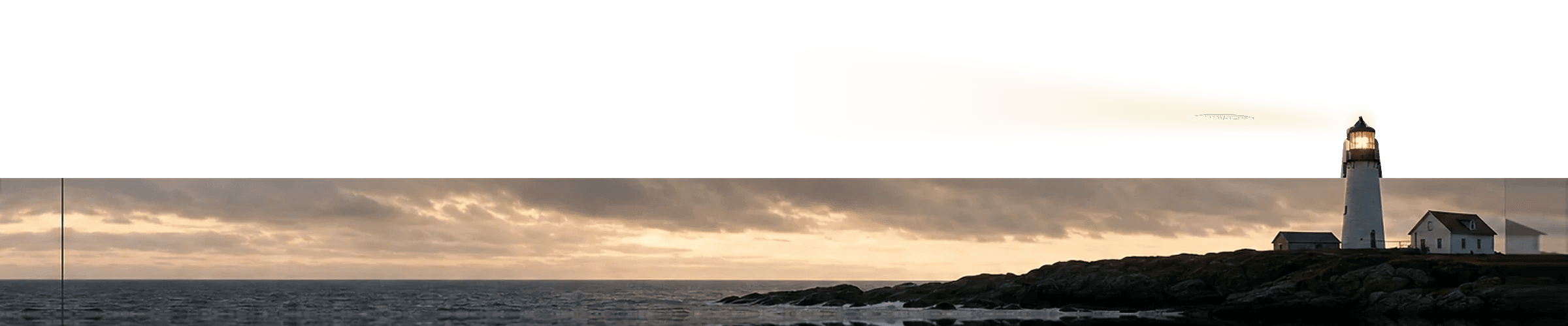 A dusk coastline with a lighthouse beacon shining at the far right