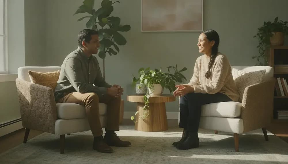 Compassionate addiction counselling conversation in a warm Edmonton therapy office
