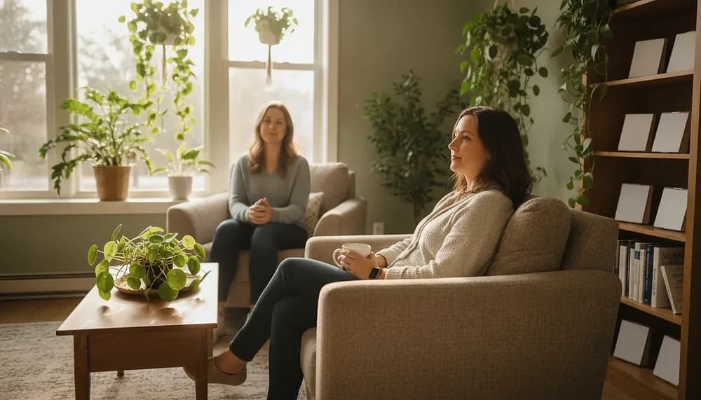 Adult reflecting in a warm, natural-light counselling space