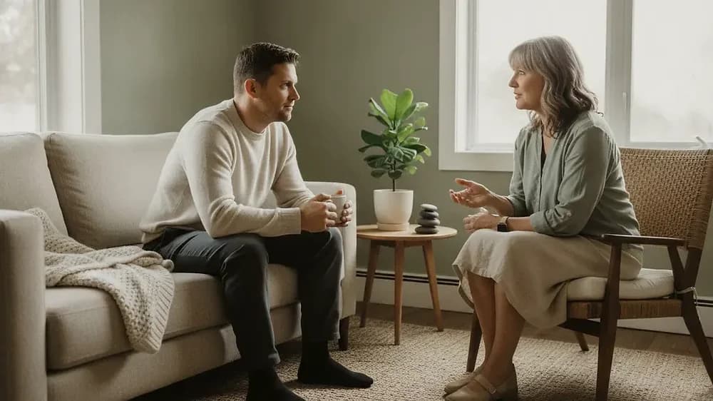 Complicated grief therapy Edmonton counselling conversation in a calm room