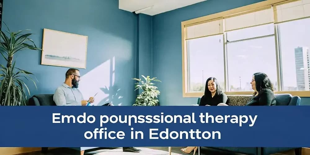 A warm therapy office in Edmonton with a counsellor speaking compassionately to a couple on a comfortable couch