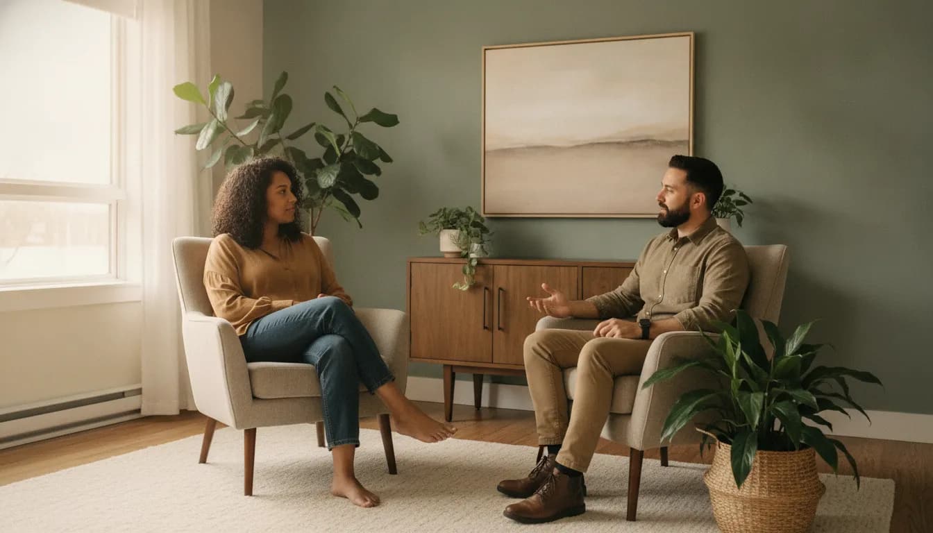 Warm counselling conversation in an Edmonton therapy office