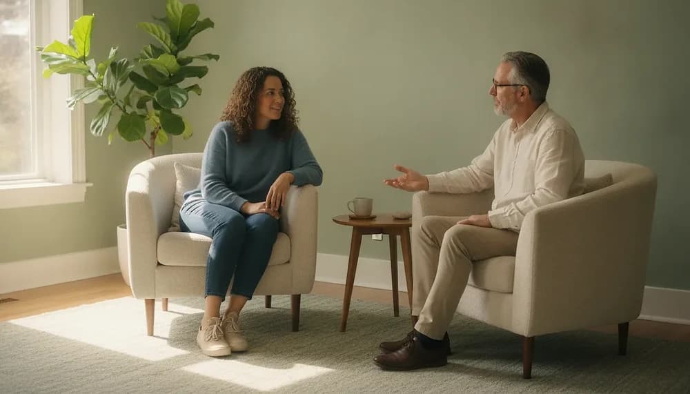 Warm natural-light grief counselling conversation in Edmonton