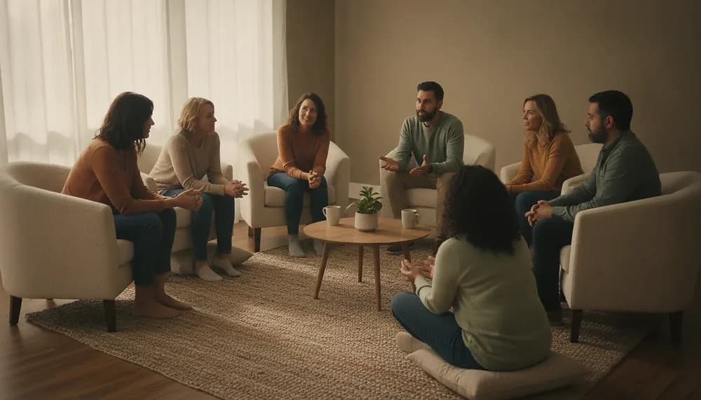 A supportive counselling group sitting in a circle in a bright Edmonton therapy office