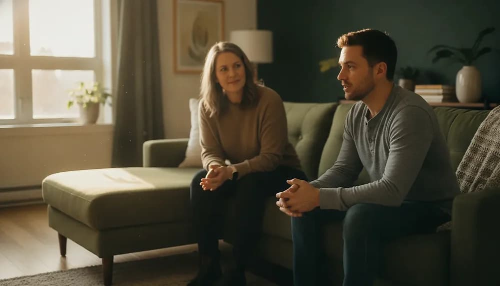 A warm counselling session in a bright Edmonton office, with a Registered Psychologist listening to a client on a comfortable couch