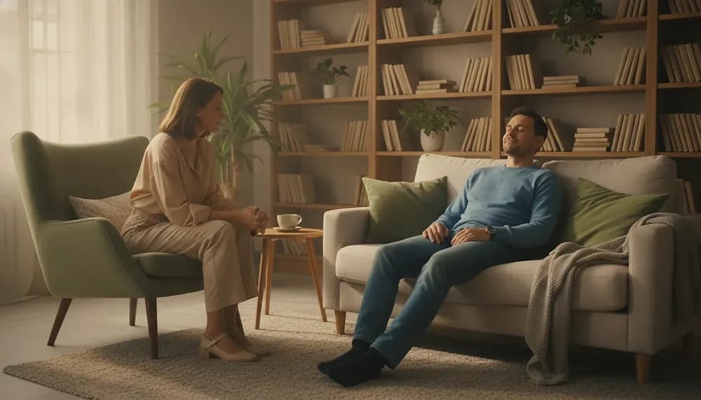 Compassionate therapist speaking with a client in a warm Edmonton counselling office