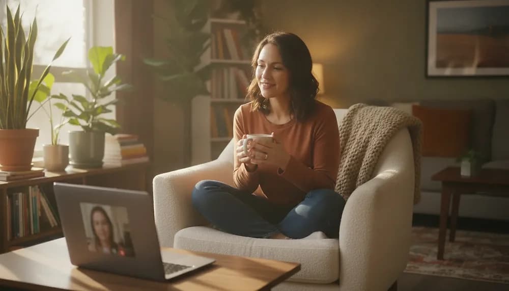 Woman at home in Alberta having a reassuring online video therapy session on a laptop in warm natural light