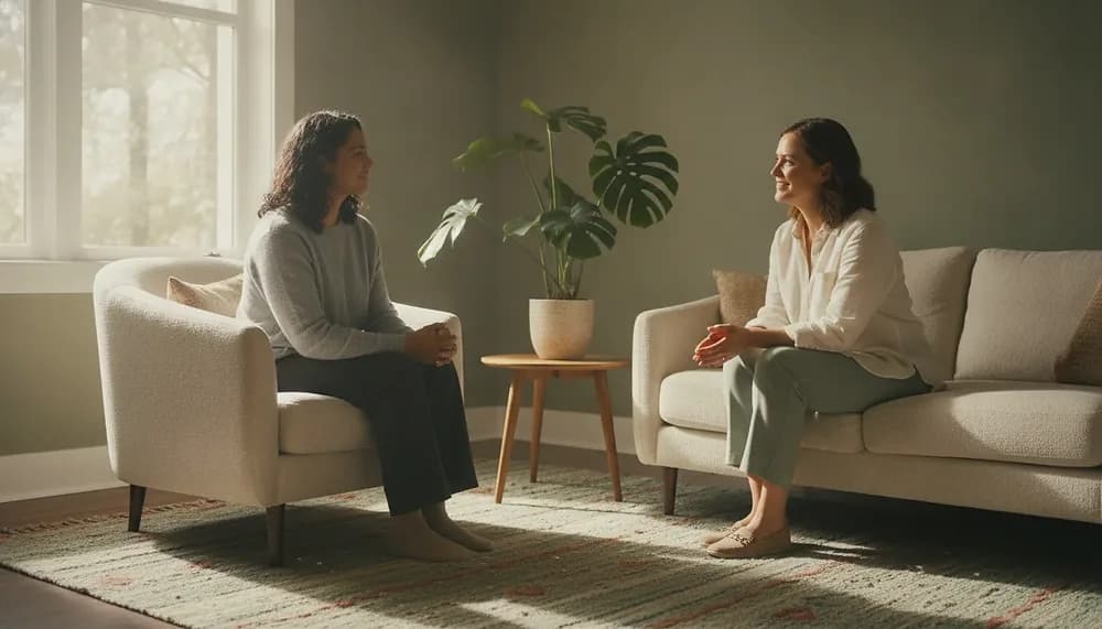 Warm natural-light counselling conversation in Edmonton