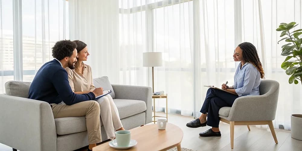 Couple in a relationship therapy session with a counselor.