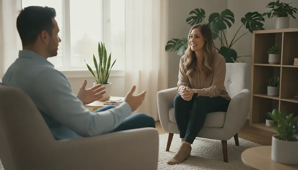 Compassionate counselling session for stress management in an Edmonton therapy office