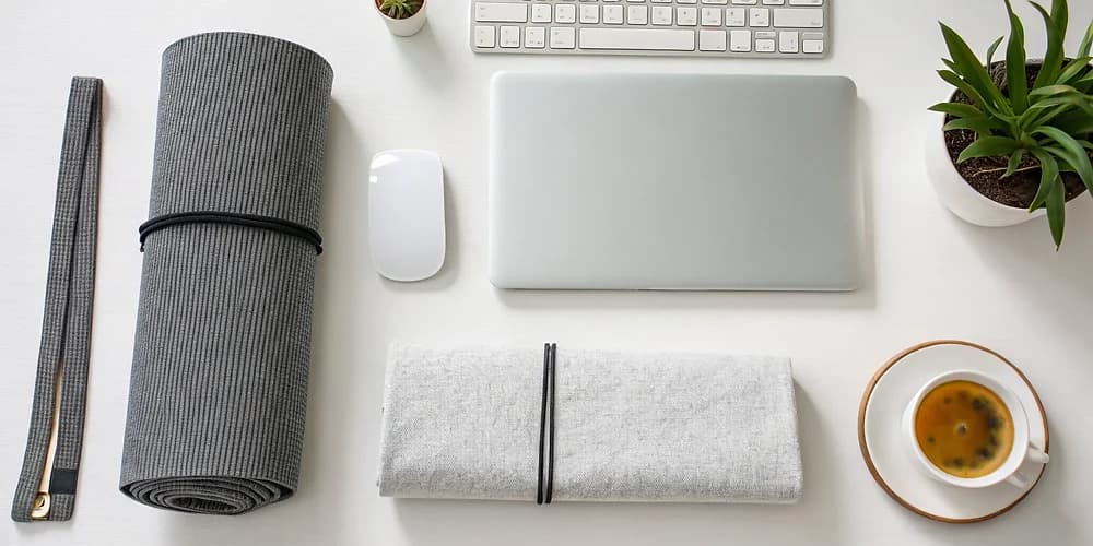Laptop and yoga mat on a desk for an online therapist stress management session.