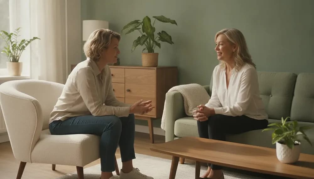 Adult speaking with a therapist in a calm Edmonton counselling office