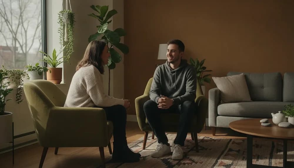 A compassionate therapist listening warmly to a client in a calm Edmonton counselling office