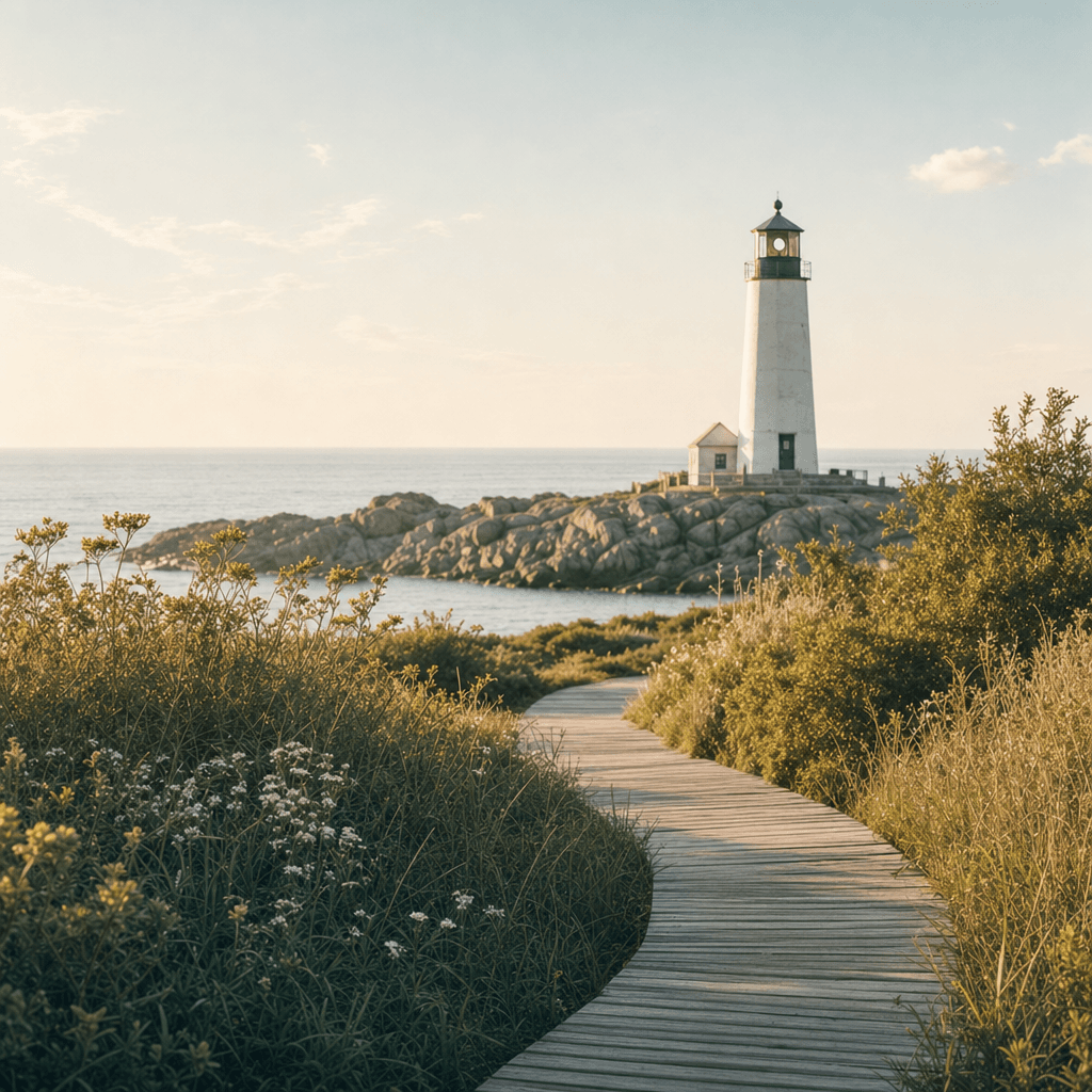 A boardwalk path winding through coastal shrubs toward a white lighthouse on a rocky shoreline
