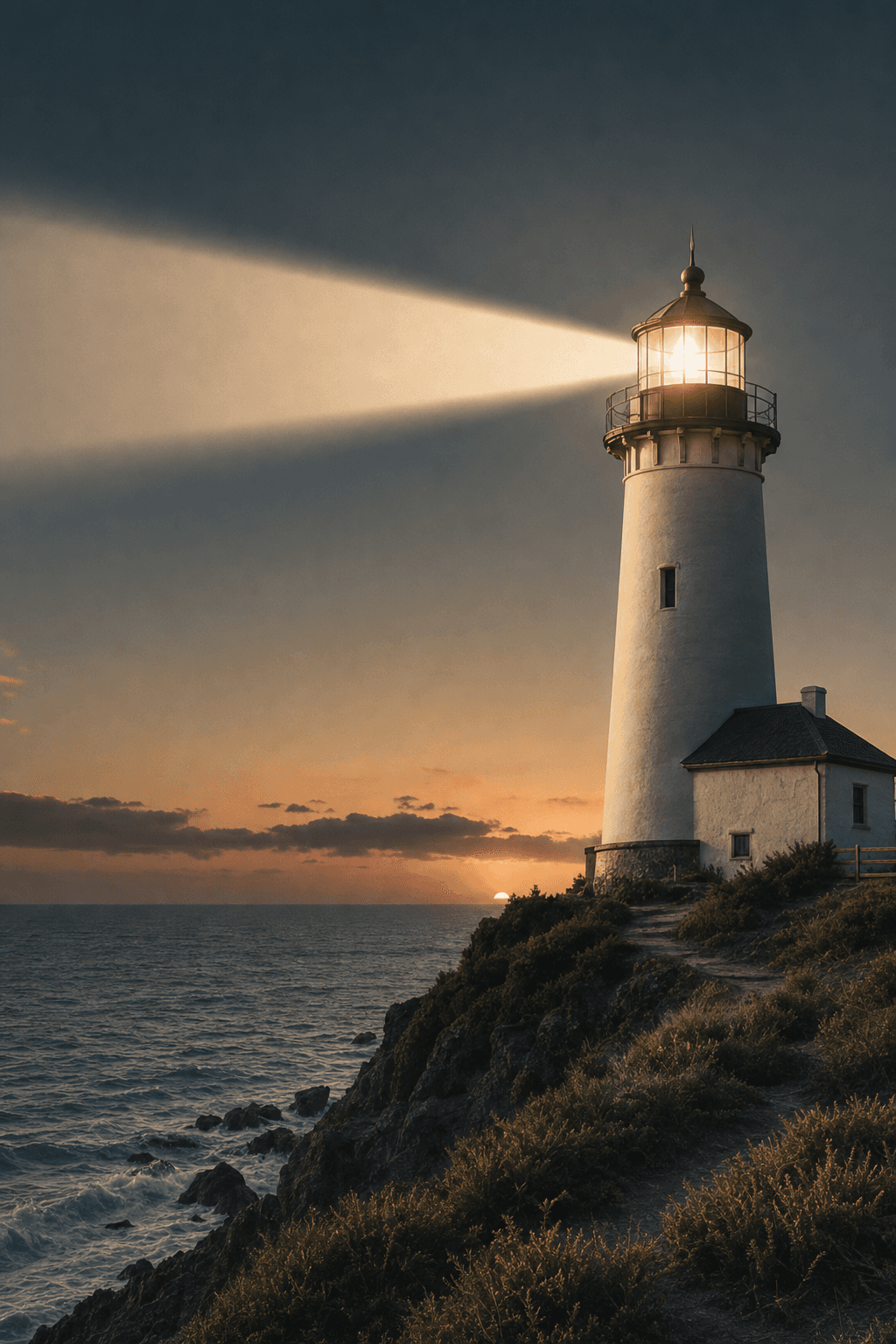 A white lighthouse tower with its beacon lit at sunset, casting a beam over a rocky coastline