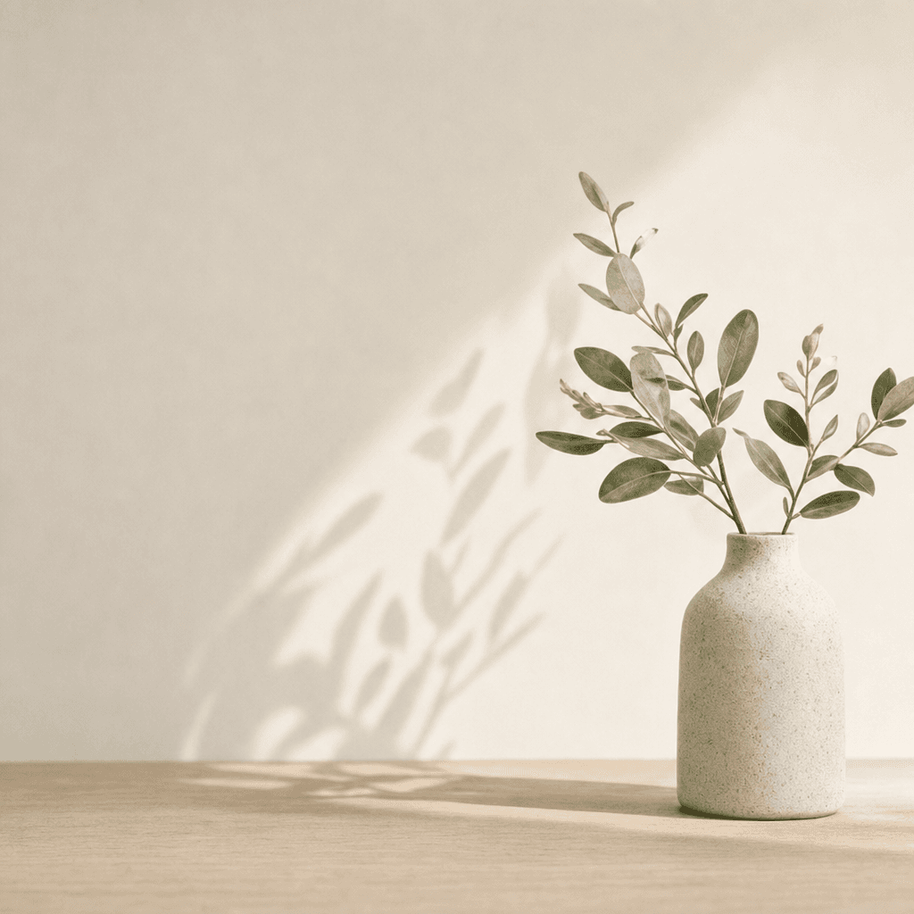A speckled ceramic vase holding an olive branch on a wooden tabletop, its leaves casting soft shadows on a warm wall
