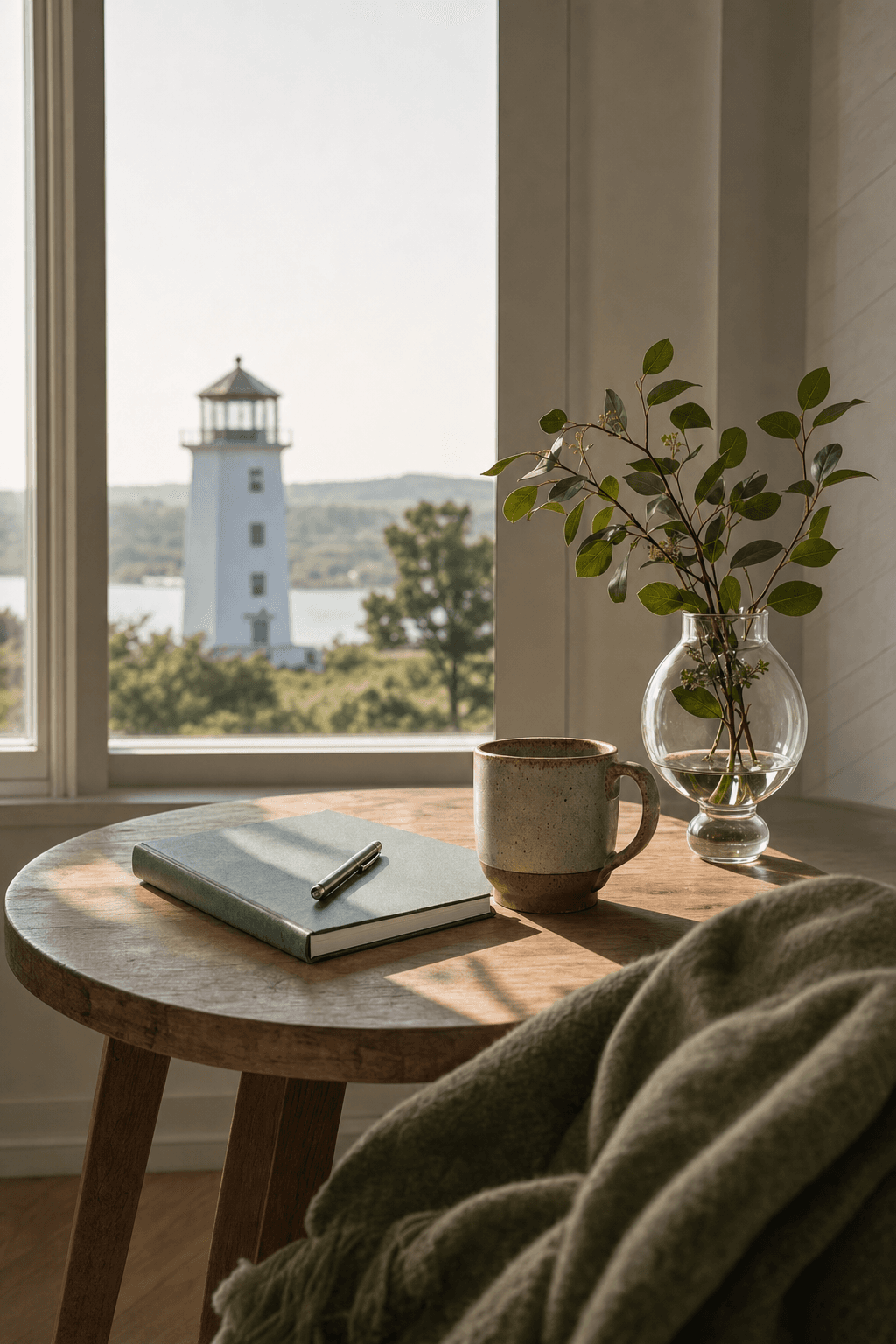 An arched window view of a lighthouse on a calm coast, with a notebook, ceramic mug, and glass vase of eucalyptus on a sunlit desk