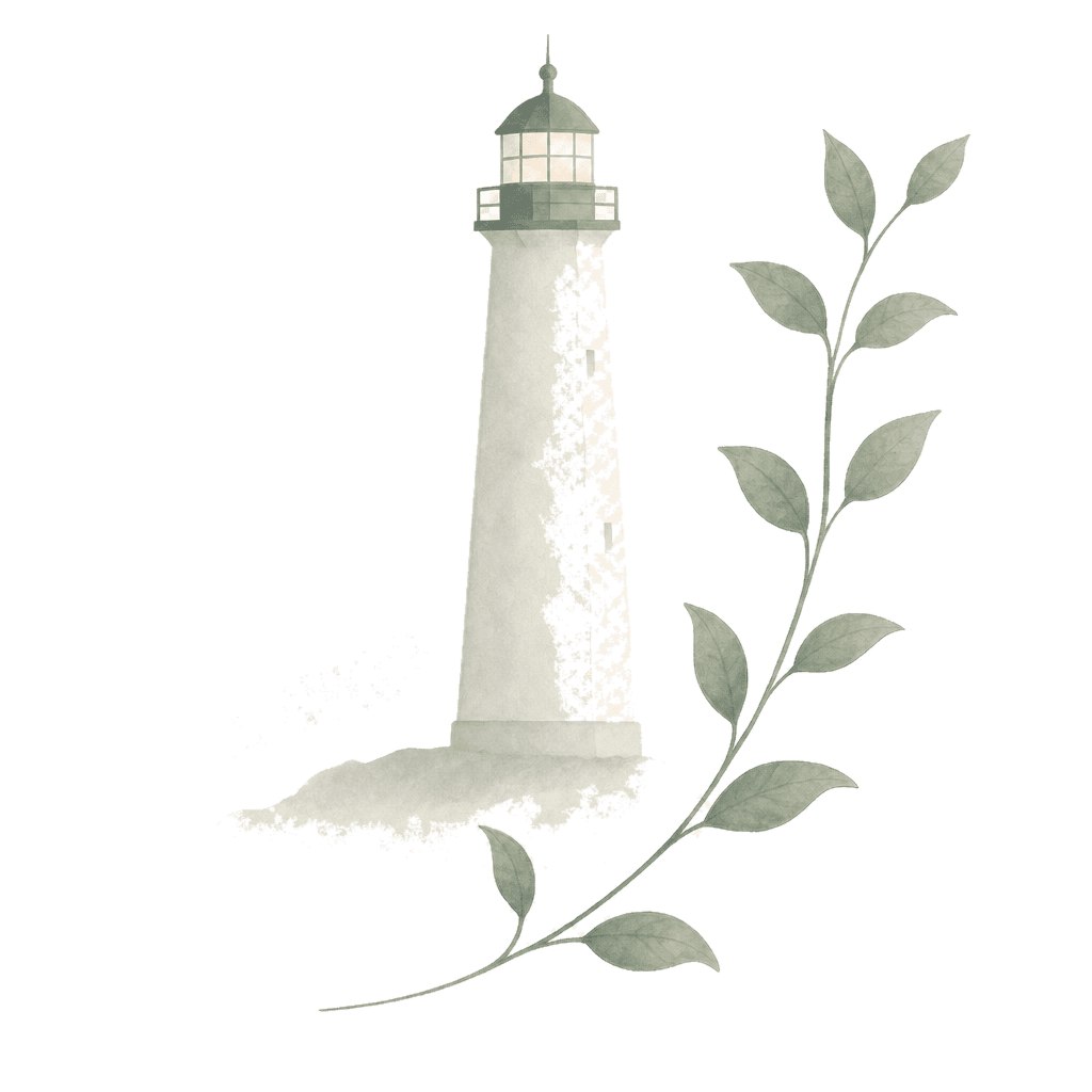 Watercolor lighthouse rising from soft mist beside a trailing leaf vine
