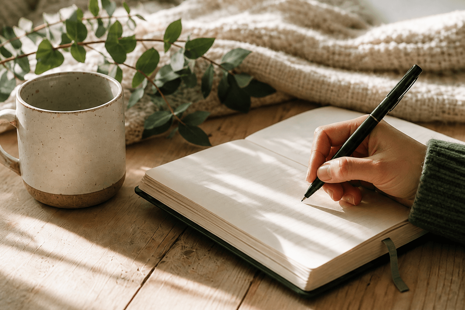 A hand writing in a journal beside a ceramic cup, with eucalyptus stems and a knit blanket in soft morning light