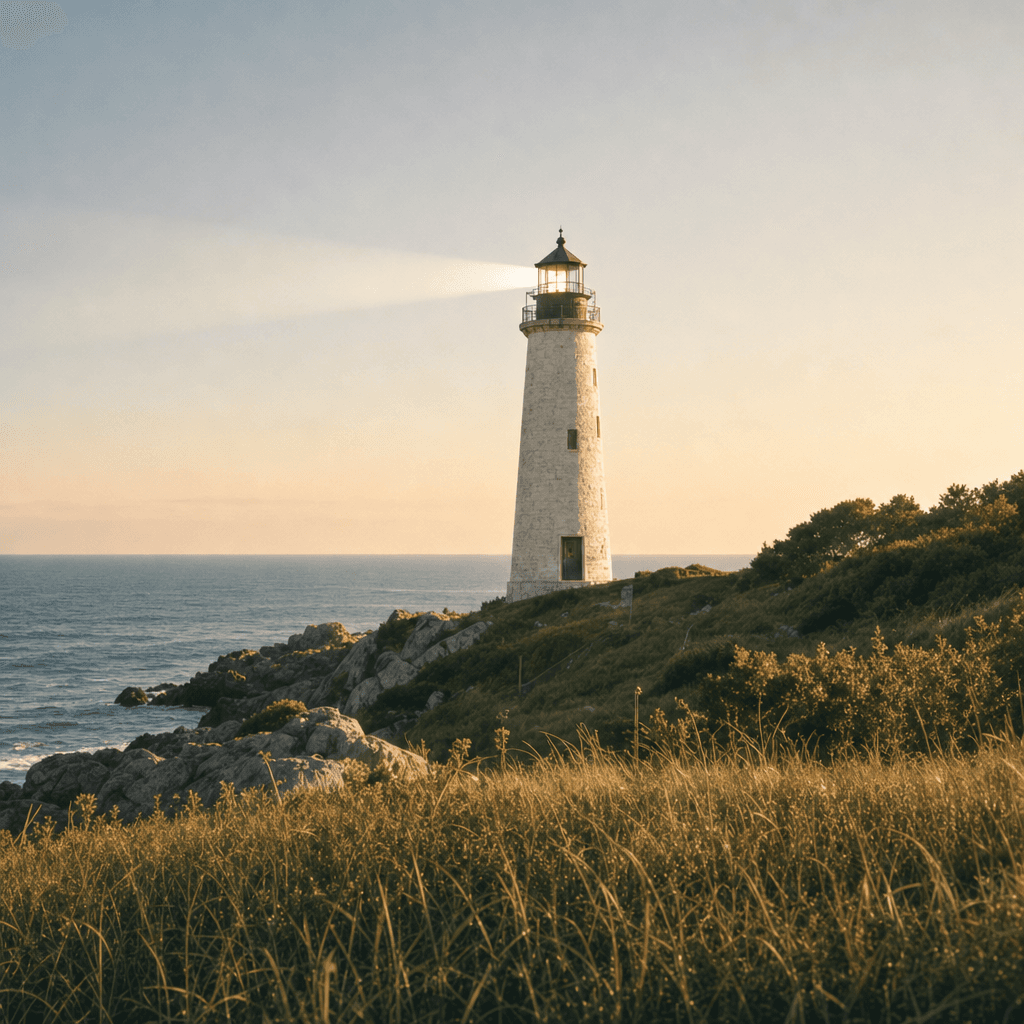 A coastal lighthouse rising above rocky shoreline and grasses, with a warm sunset haze behind the tower and the ocean horizon beyond