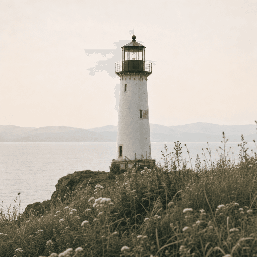 A lighthouse tower centred over a muted lake and mountain horizon, with meadow grasses in the foreground