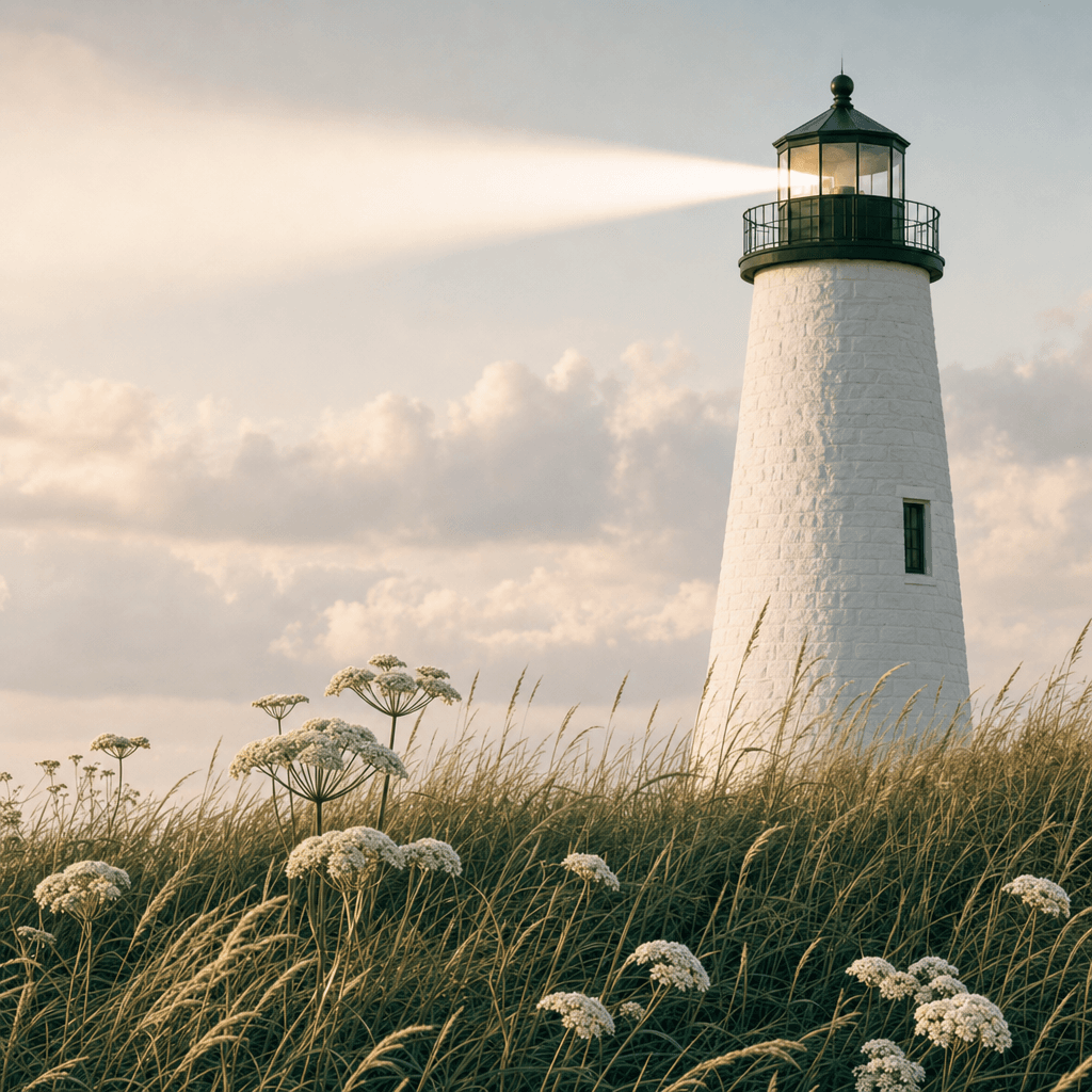 Close-up of a lighthouse tower with its lantern glowing against a cloudy sky, wildflowers in the foreground
