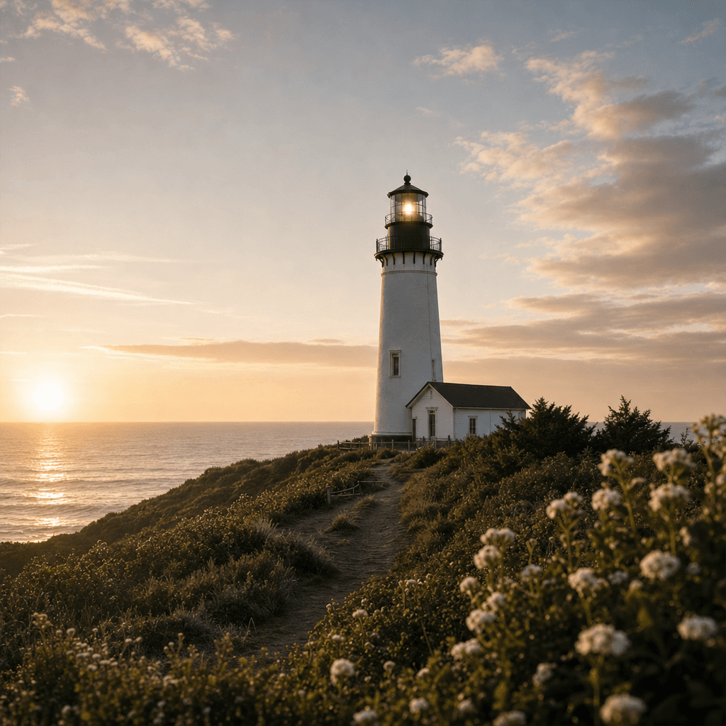 A lighthouse at sunset above a coastal path, with dune grasses and wildflowers in the foreground