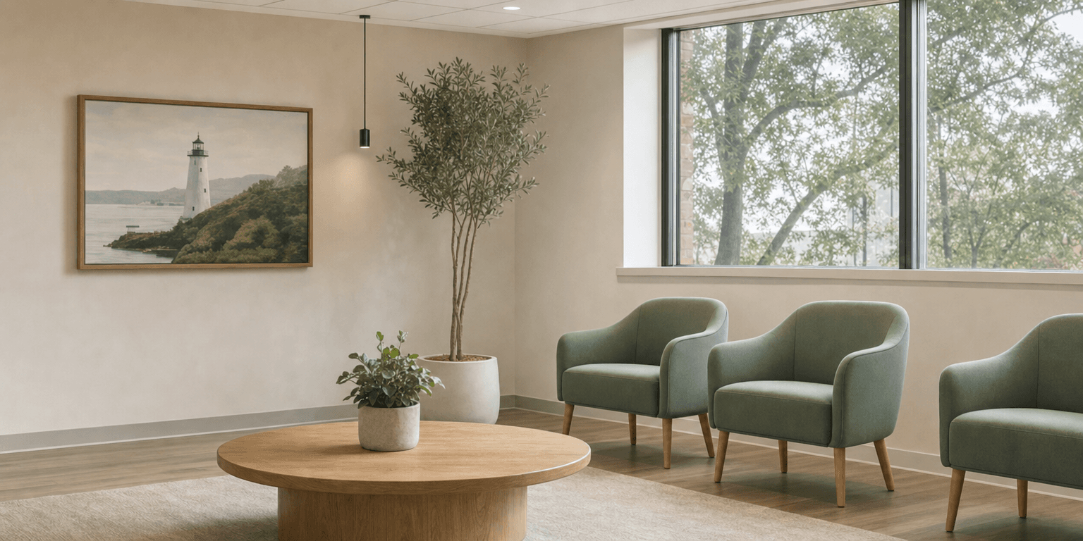 The Charis waiting room with upholstered chairs, a bright window, framed art, and a leafy plant