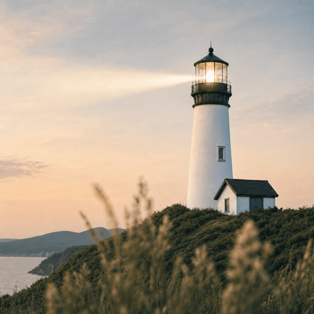 A circular photograph of a lighthouse and keeper's cottage on a grassy hill, its lamp glowing at dusk