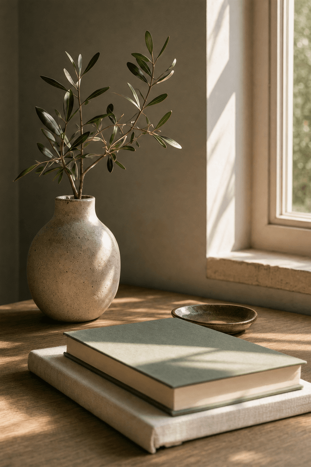 A ceramic vase with greenery, stacked books, and a bowl in soft window light
