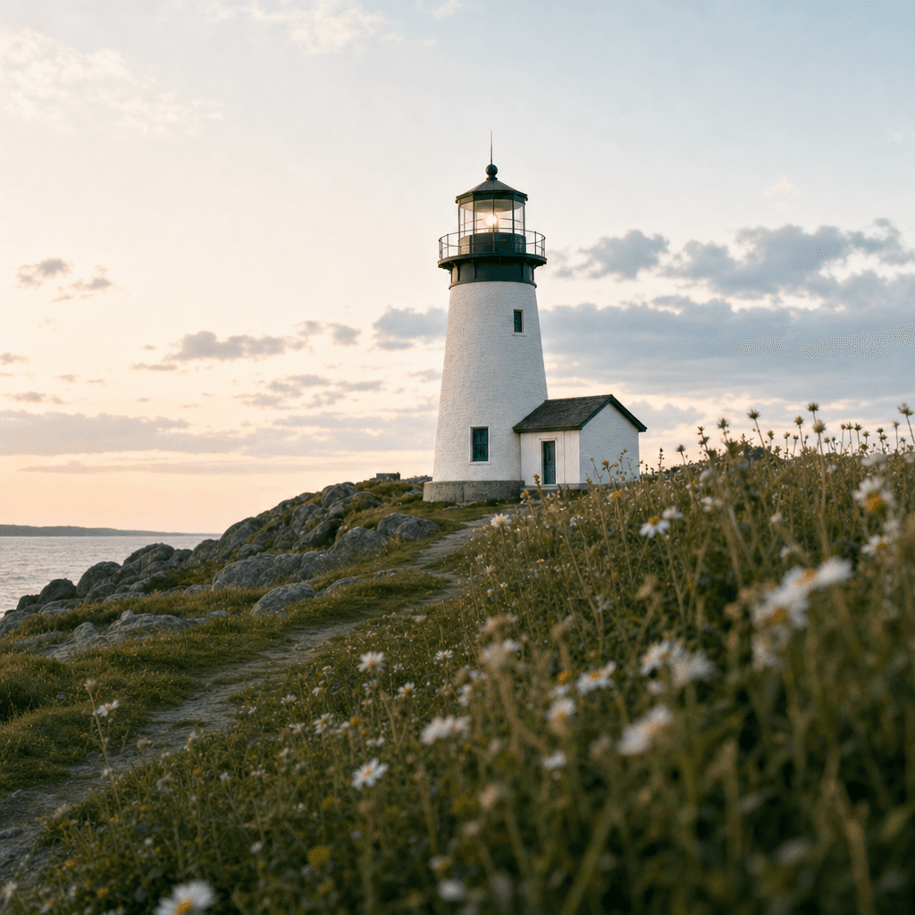 A white lighthouse and keeper's cottage above a wildflower meadow, its lamp lit under a soft morning sky