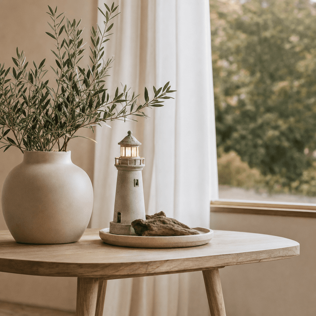 A miniature lighthouse with a glowing lamp on a wooden tray beside a ceramic vase of olive branches, in front of a bright curtained window