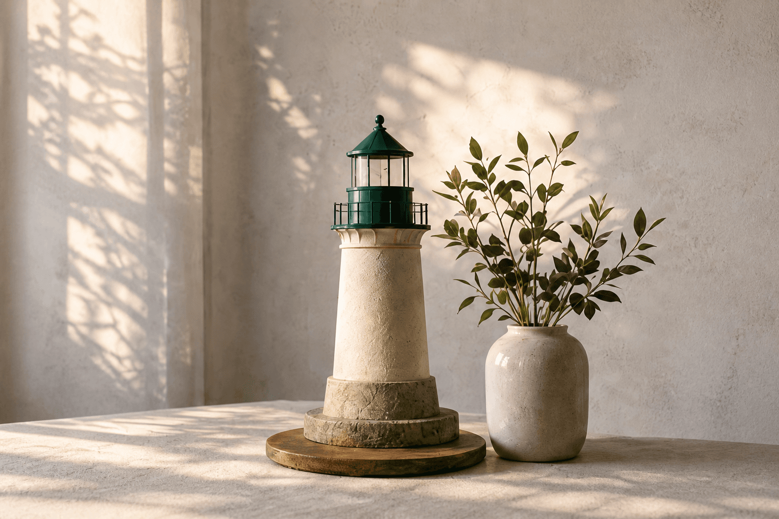 A miniature lighthouse beside a ceramic vase of leafy branches in warm window light