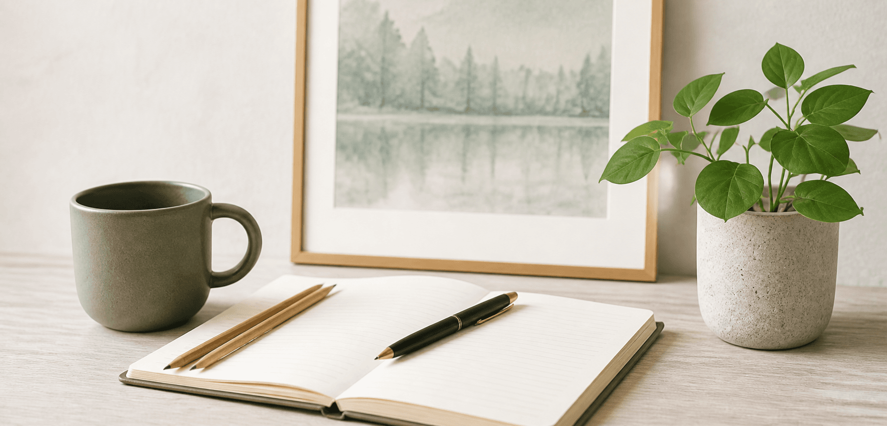 A sage mug, open notebook, writing tools, framed print, and potted plant