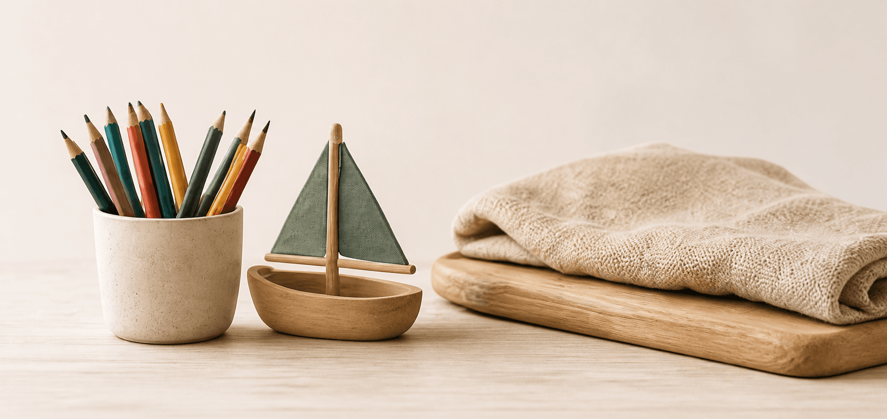 Coloured pencils, a small wooden sailboat, and a folded cream blanket