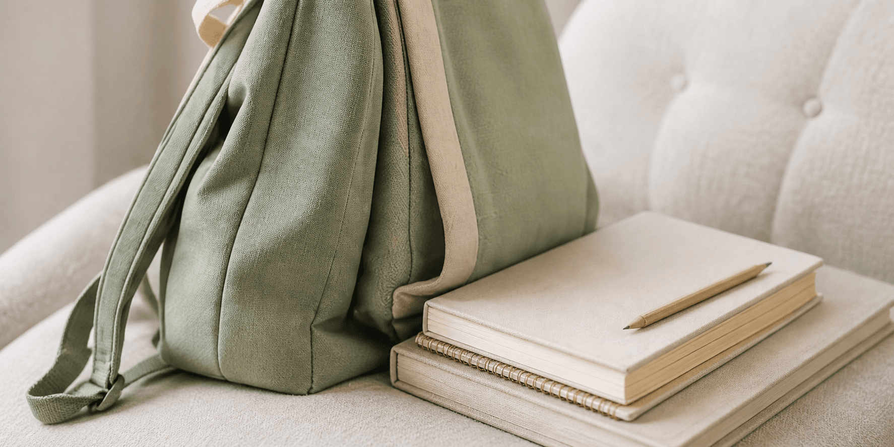 A sage backpack beside cream notebooks and a wooden pencil