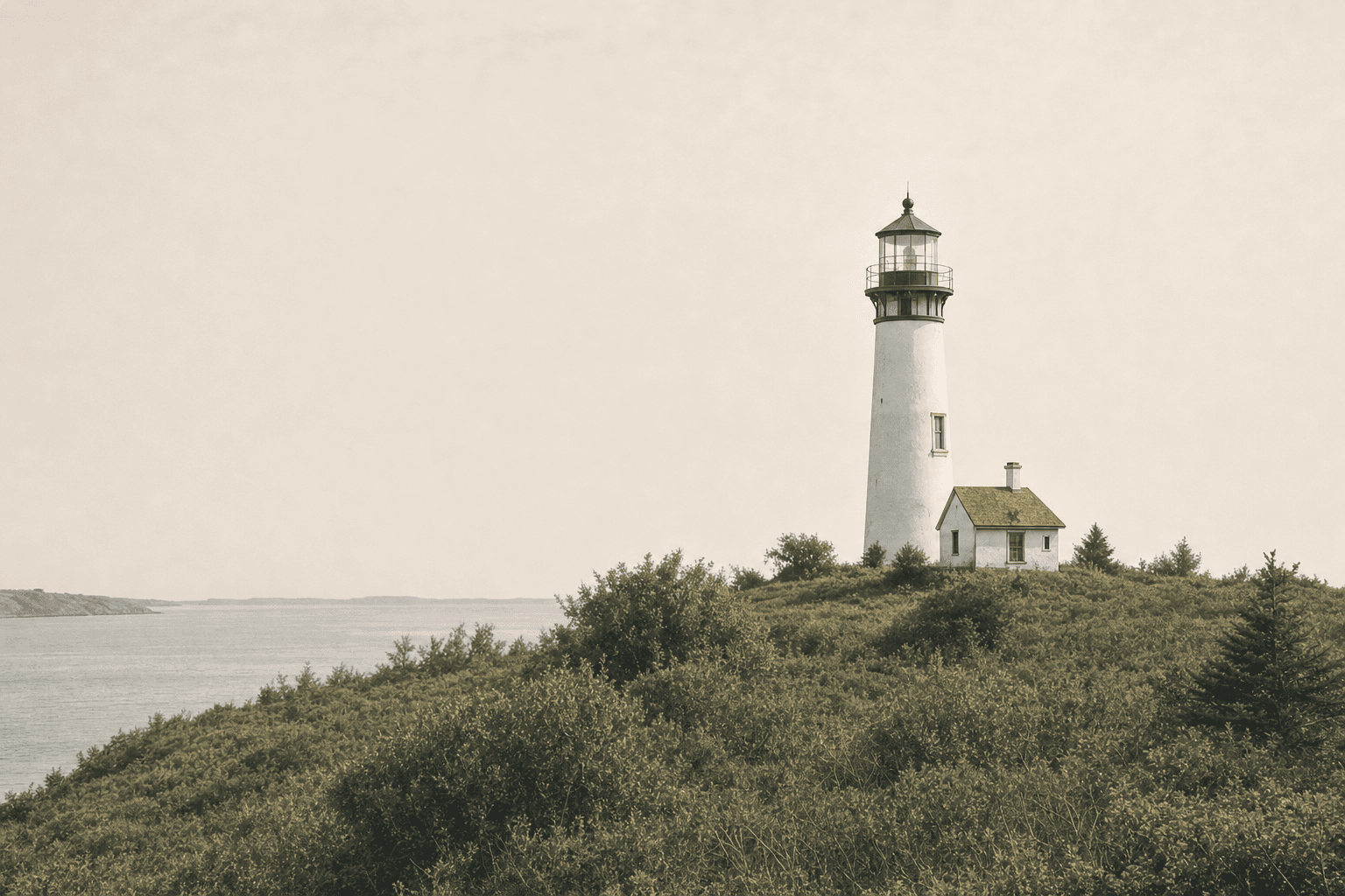 A tall white lighthouse with a dark lantern room beside a small red-roofed cottage, above shrubs on a muted misty shoreline