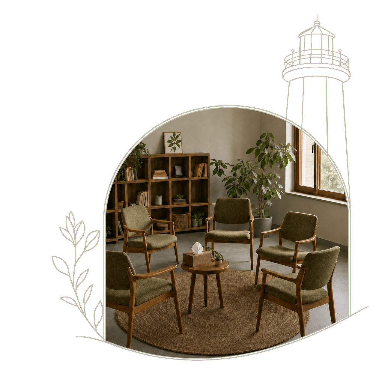 A circle of green fabric armchairs around a small round table in a warm group room, with wood shelving, plants, a window, and a woven rug
