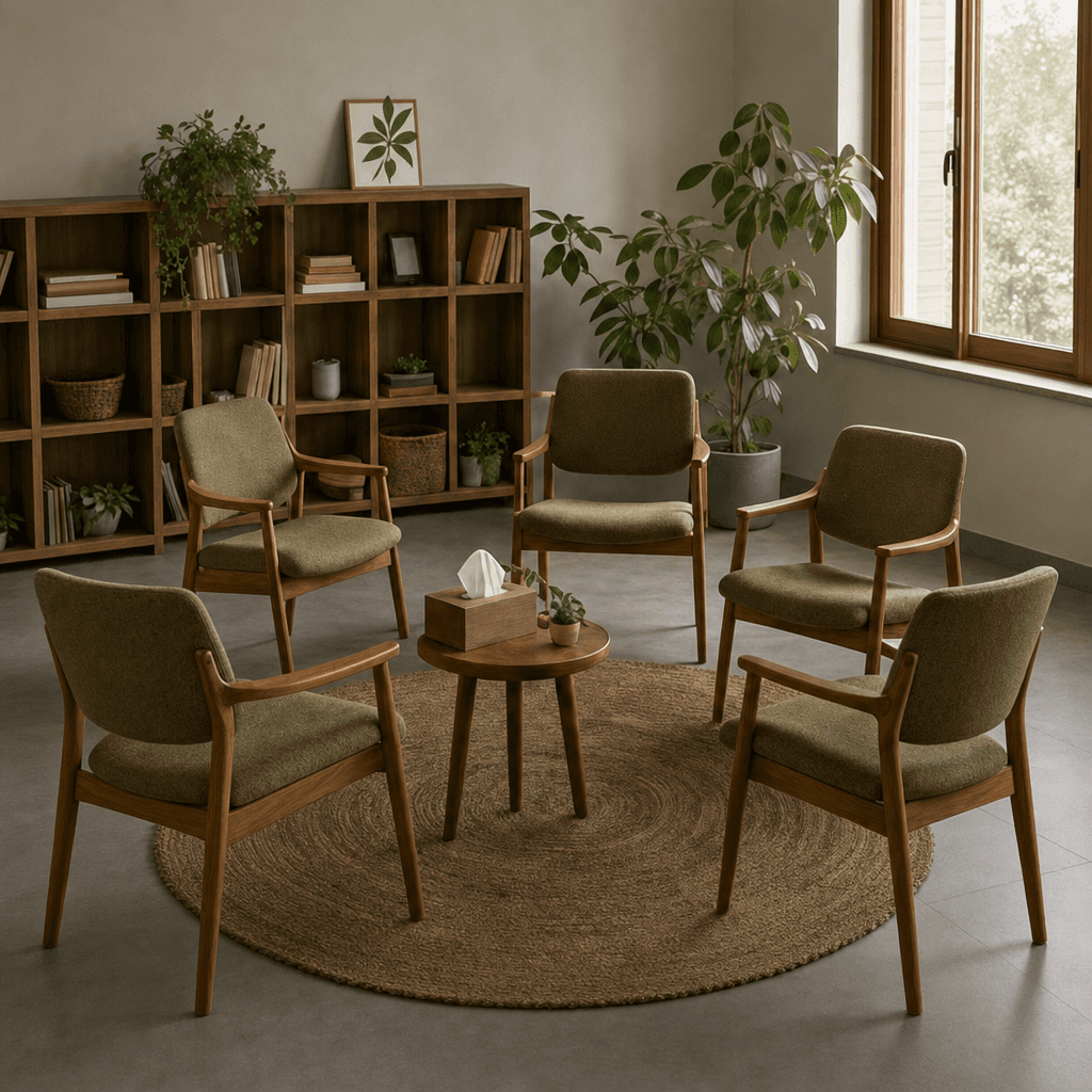 A circle of green fabric armchairs around a small round table in a warm group room, with wood shelving, plants, a window, and a woven rug