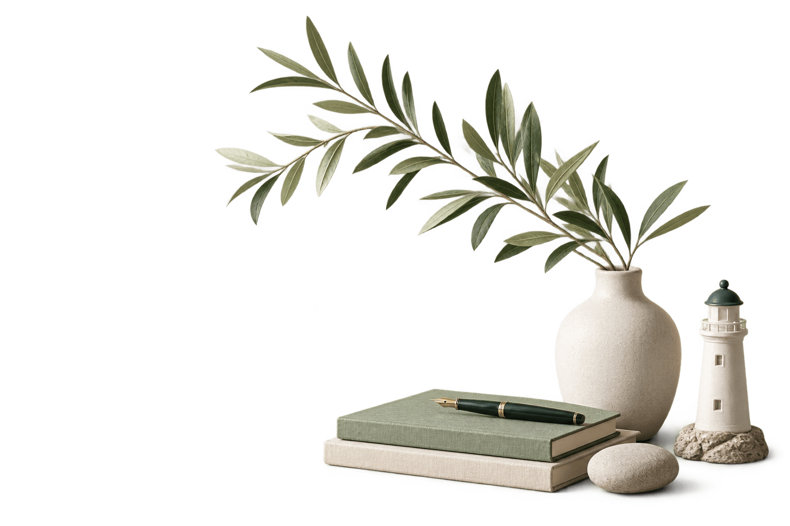 A calm still life of therapy workbooks, a fountain pen, ceramic vase with a leafy branch, a small lighthouse, and a smooth stone