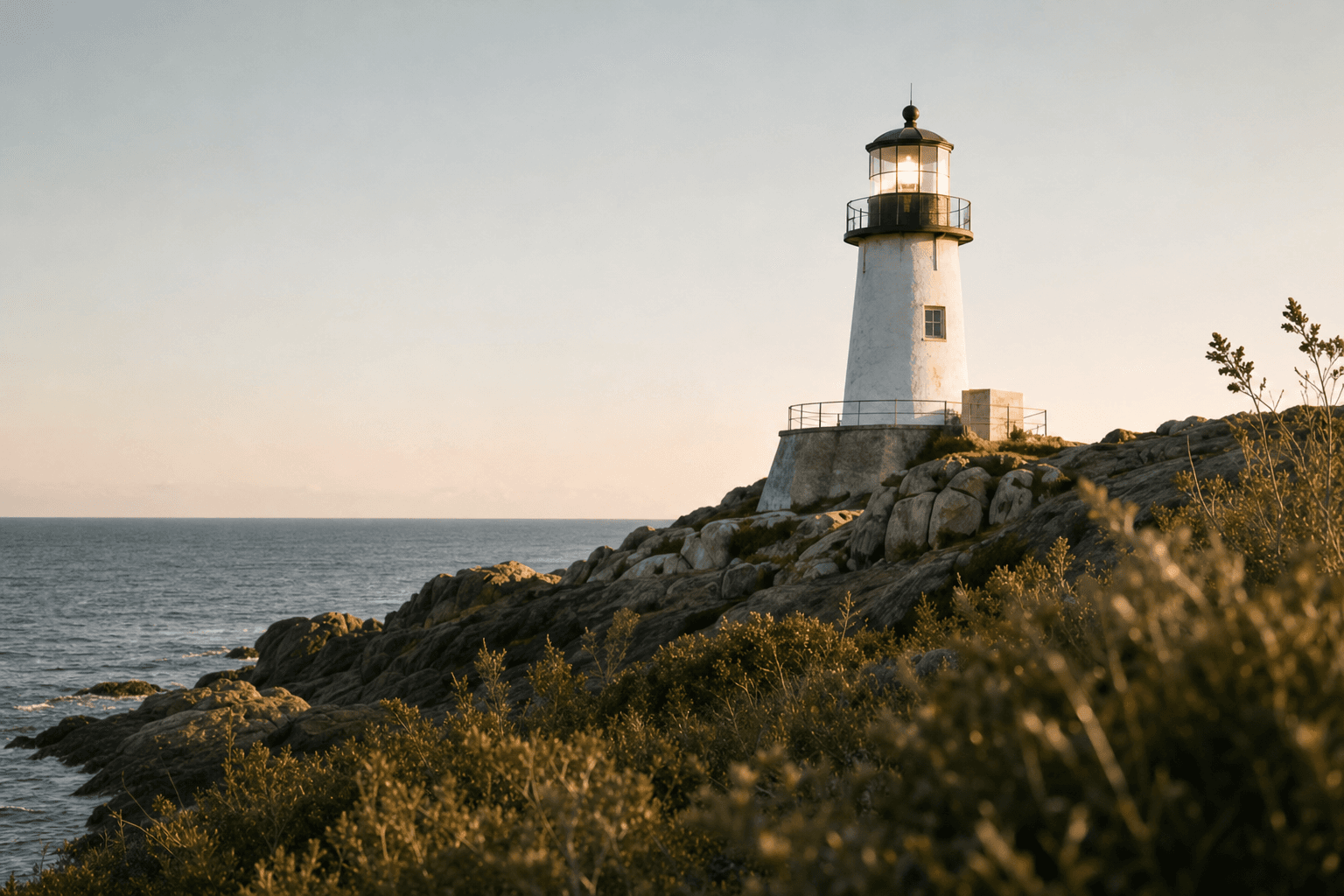 A white lighthouse with a black lantern room on a rocky headland in golden light, with grasses in the foreground and the ocean horizon behind