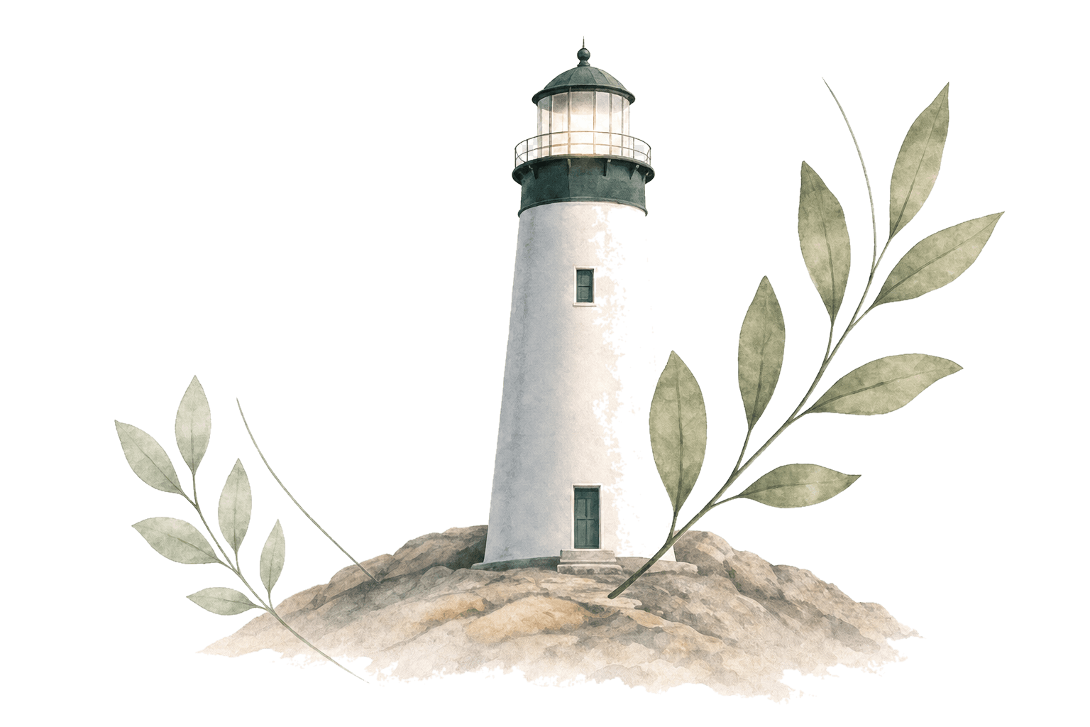 Watercolour lighthouse on a rocky base, framed by botanical branches