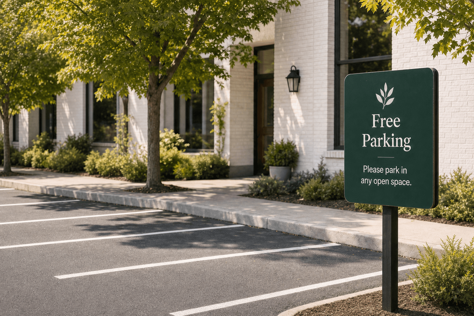 A green Free Parking sign reading 'Please park in any open space' beside open stalls in front of the office building