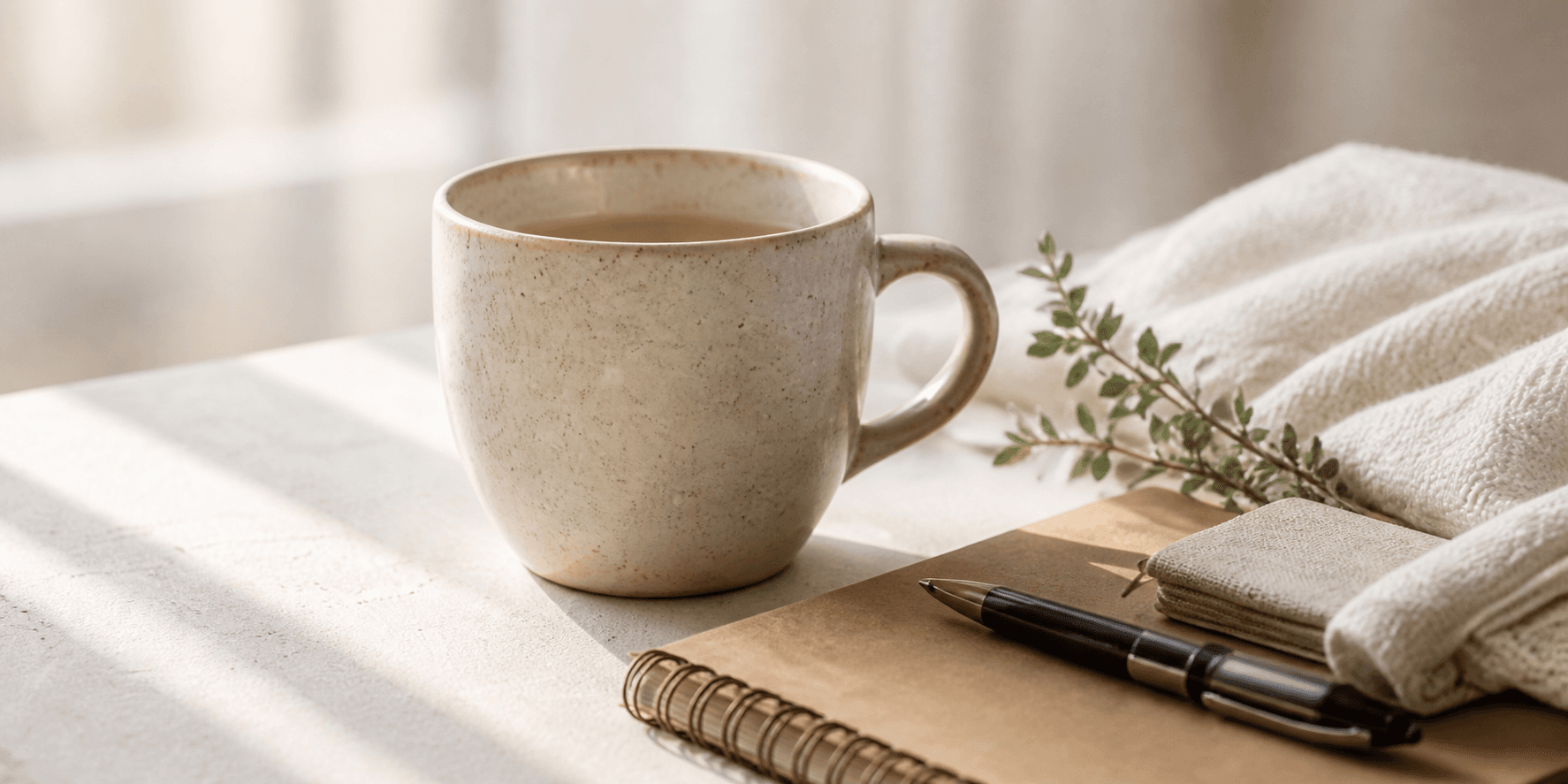 A speckled ceramic mug beside a notebook and pen on a sunlit desk