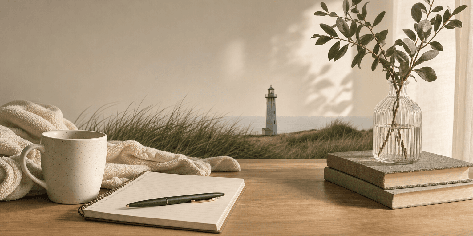 A white lighthouse rising above tall coastal grass under a pale sky