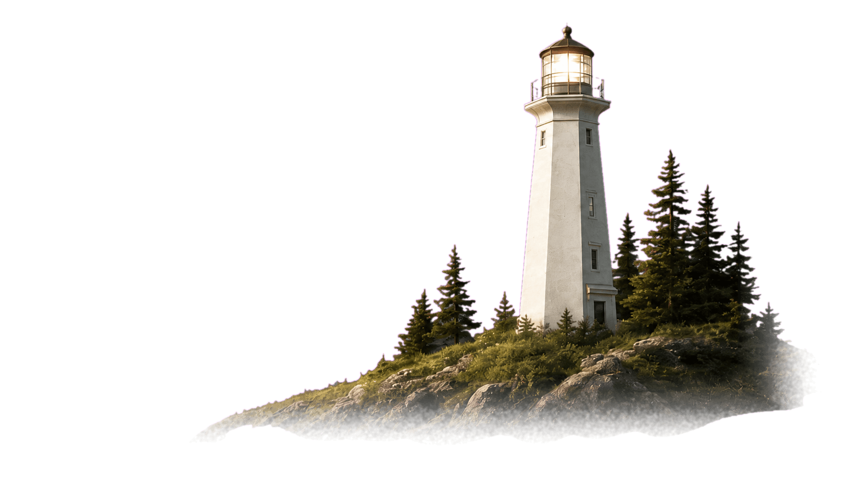 A lit lighthouse on a rocky island at night, its smoky beam reaching to the left