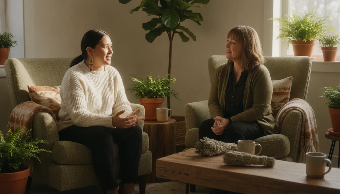 2Spirit counselling Edmonton conversation in a warm, welcoming therapy room