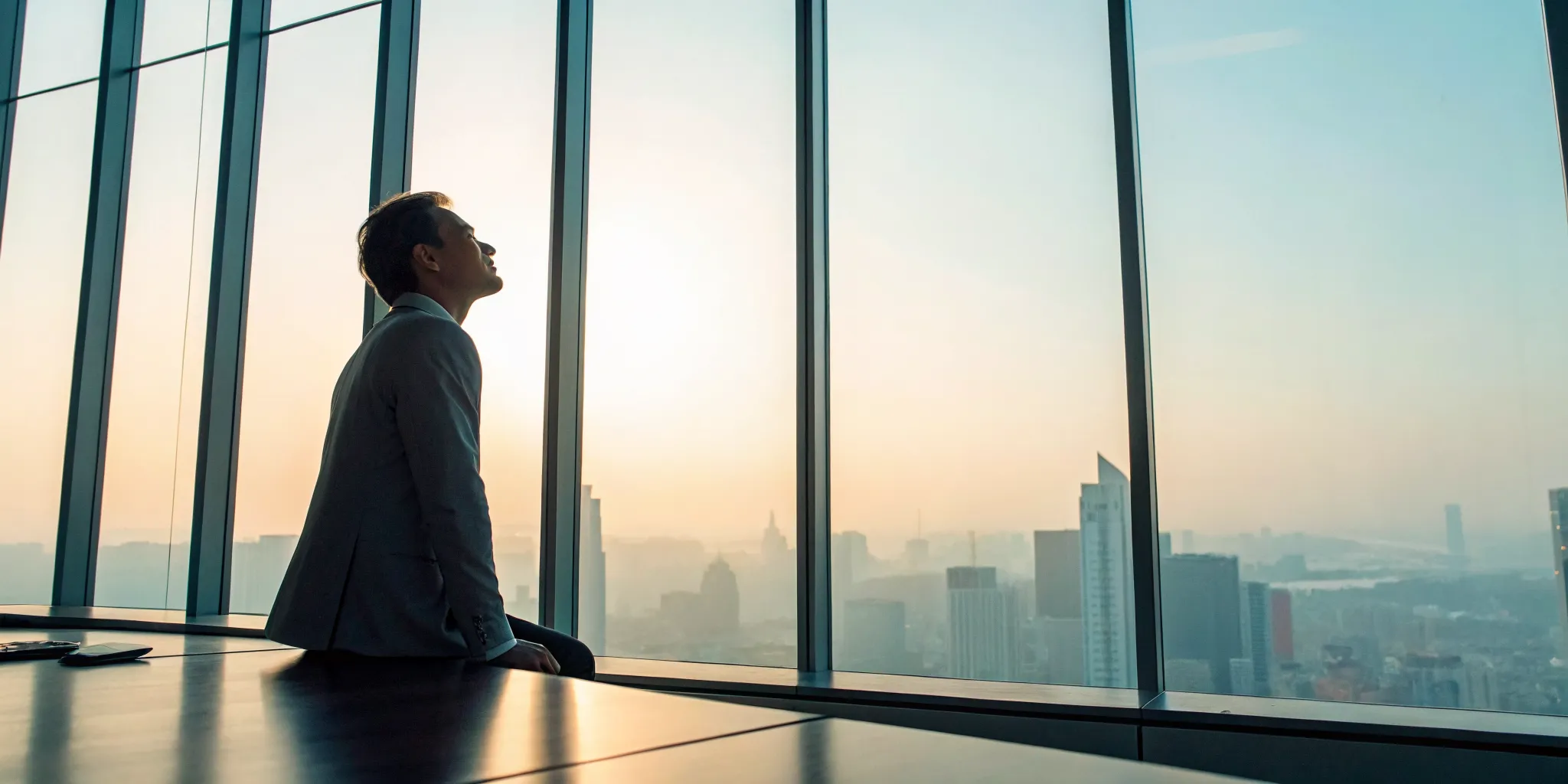 A calm man sits by a window, reflecting on his thoughts to manage anger.