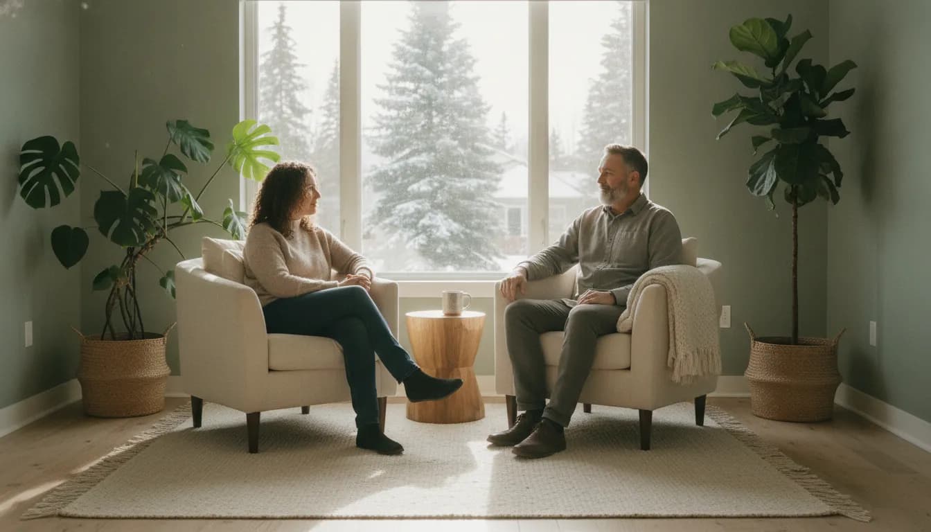 A client and counsellor speaking in a warm, natural-light counselling room